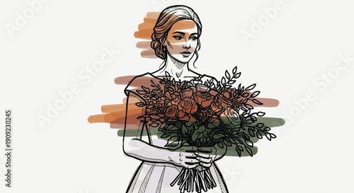 Minimalist sketch of a bride holding a large flower bouquet