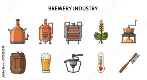 A collection of ten flatdesign icons illustrating equipment and ingredients related to the brewing industry