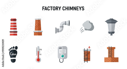 Collection of flat design icons related to factory chimneys and air pollution concepts