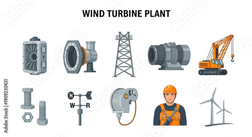 Cartoon icons representing components and personnel for a wind turbine plant