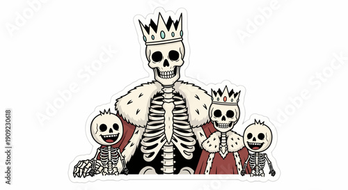 Skeleton Family Portrait Wearing Crowns and Regal Robes, Spooky Halloween Fun