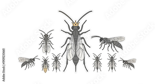 Illustration of a queen wasp with her swarm, an insect family portrait