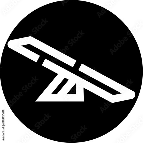 Seesaw icon in a black circle representing balance, opposing forces and upwarddownward motionminimalist graphic for design, ui, business metaphors, education and comparison concepts