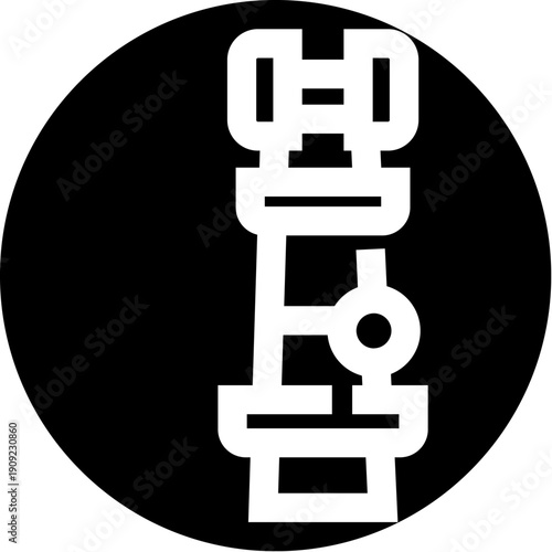 White microscope icon on a black circular background symbolizing scientific discovery, technological innovation, laboratory work, and advanced medical research