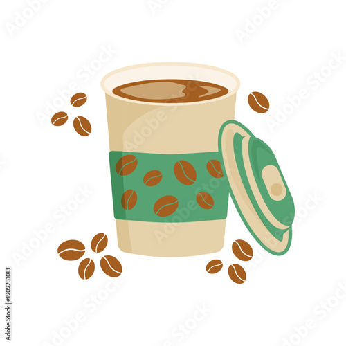 Coffee in a paper cup, the most popular drink in the world. Vector illustration, decorated with coffee beans. Can be used in  cafe menu, flyers, posters, restaurant's menu, mobile apps, website design