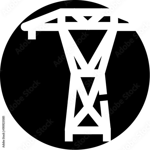 Electrical transmission tower representing industrial utility, energy infrastructure, and power grid network within a circular black and white icon graphic design element