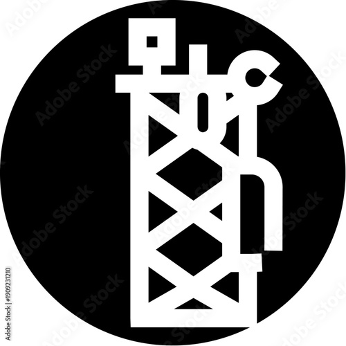Oil drilling rig icon on black background representing fossil fuel extraction, energy industry and industrial production, minimalist vector pictogram for business, environment, and policy topics