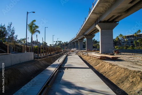 The construction of the light rail system in San Diego, with a sidewalk overlooking the highway and a concrete structure with a bridge over it.