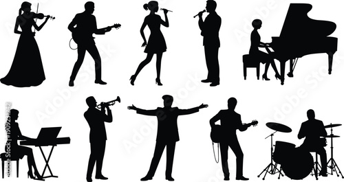 Silhouette illustration of diverse musicians performing with violin, guitar, singers, piano, keyboard, trumpet, conductor, and drummer for music, concert, education, and artistic design