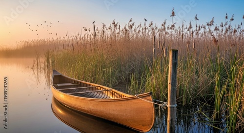 Wallpaper Mural Wooden Canoe Tied to Post by Serene River With Tall Reeds at Sunrise Torontodigital.ca