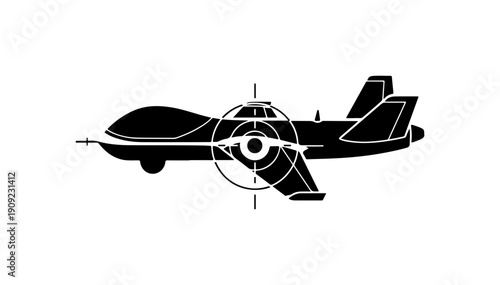 Black Aircraft Vector Silhouette with Rotating Propeller