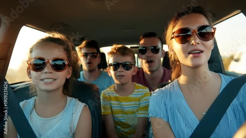 Family singing in a car while driving