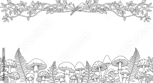 Mushroom forest border line art with fern plants and leafy vine frame, cute bird on branches, black outline botanical doodle for coloring page, banner and card design