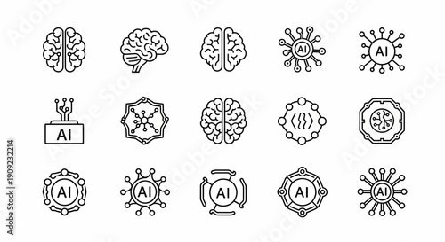 Collection of brain and virus icons with artificial intelligence symbols in a grid layout