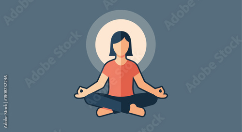 Woman meditating peacefully in lotus position with serene expression and calm surroundings in a vector illustration