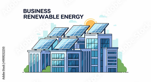 Illustration of a modern business building with solar panels on the roof, showcasing renewable energy and sustainability
