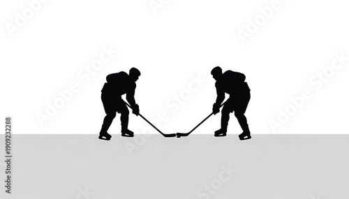 Hockey players silhouette set with ice sticks and puck, black on white background, professional game scene, action pose, sport illustration featuring competition, team, sporty with dynamic and energy