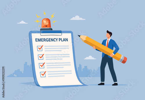  Business emergency plan, checklist to do when disaster happen to continue business and build resilience concept, smart businessman leader holding pencil with paper emergency plan flashing siren