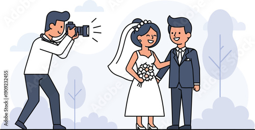 Cartoon photographer taking a photo of a bride and groom