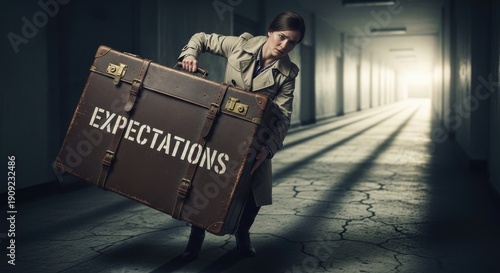 Woman carrying heavy expectations suitcase struggling down a dark hallway