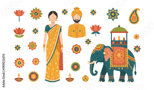 Cultural Icon Collection Featuring Woman in Sari Man in Turban and Decorated Elephant Vector Set