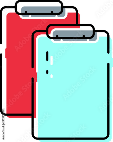 Two clipboards, one red and one blue, presenting forms or reports, symbolizing healthcare data, business administration, and information management in a clean, outlined illustration style