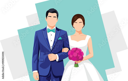 Foto Elegant bride and groom holding hands in modern flat vector style