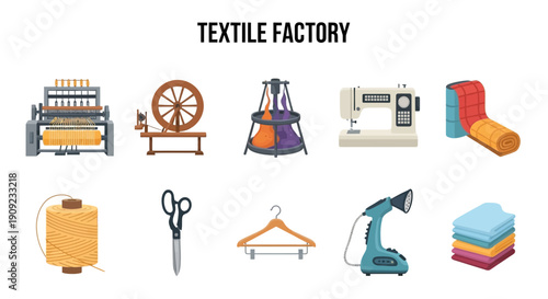 Collection of textile factory equipment and materials illustrated on a white background