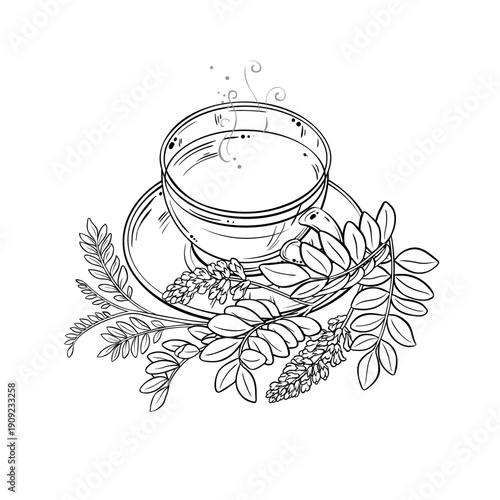Cup of Licorice Tea aroma beverage Outline Illustration. Vector isolated for Design and Decoration for Cafeteria, Posters, Banners, Cards.