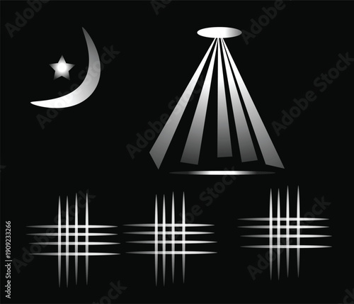 Ufo abduction scene with crescent moon and star