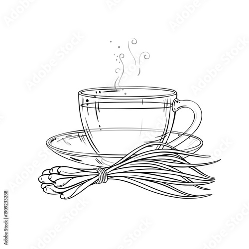 Cup of Lemongrass Tea aroma beverage Outline Illustration. Vector isolated for Design and Decoration for Cafeteria, Posters, Banners, Cards.