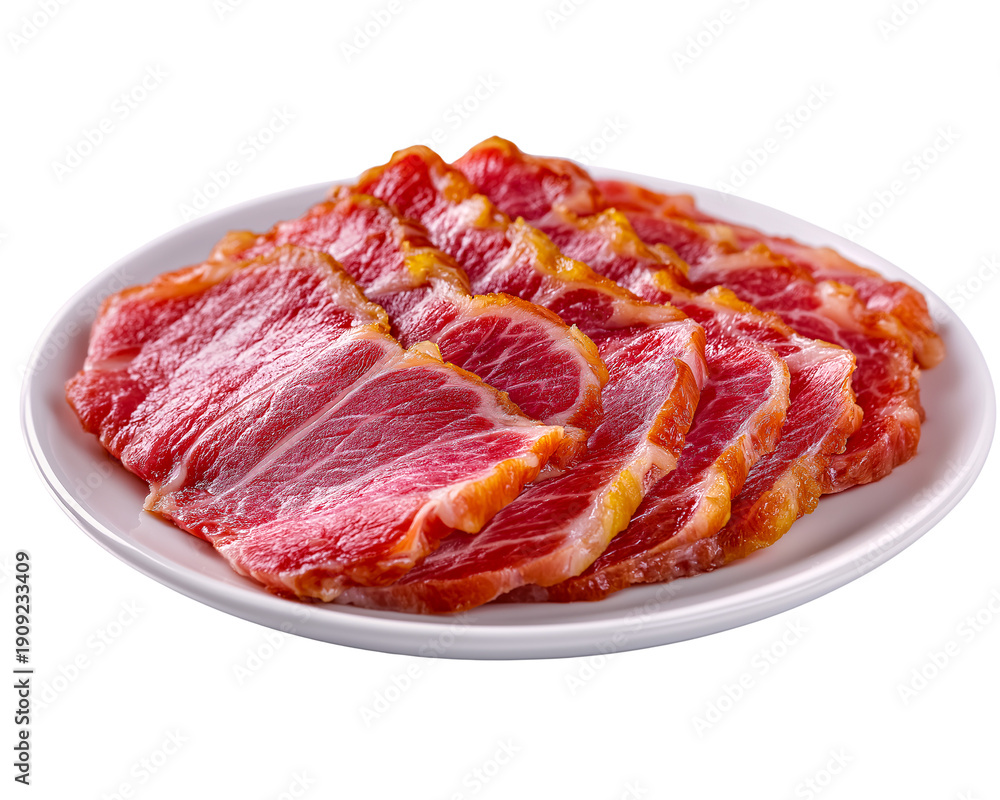Obraz premium Slices of appetizing meat Savor the visual delight of meticulously sliced meat, expertly presented on a pristine plate, showcasing the textures and tantalizing the taste buds.