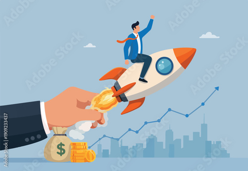 Venture capital to funding startup company, help or financial support entrepreneur or small company launch project concept, confident businessman riding launching company rocket in supporter hand.