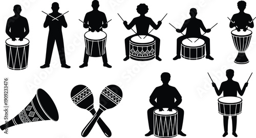 Silhouette illustration of diverse percussion musicians performing with drums, maracas, and horn instruments in dynamic poses for music, rhythm, entertainment, and cultural artistic design