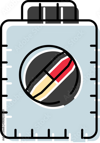 Pill bottle featuring measuring lines on its side and a circular icon displaying a red and beige capsule, symbolizing healthcare, dosage, and pharmaceutical products