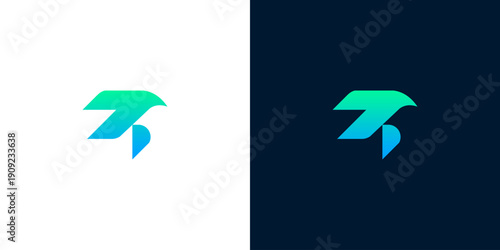 Dynamic abstract logo design featuring a stylized letter T or a bird's head silhouette, rendered with a modern green and blue gradient, perfect for professional branding