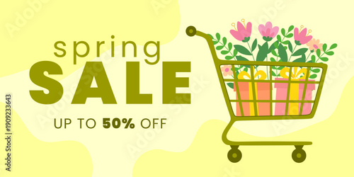 Spring sale banner with floral shopping cart and gift boxes. Up to 50% off discount promotion in vibrant yellow design for seasonal retail deals