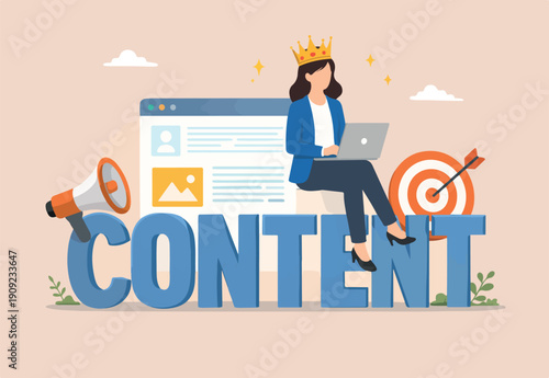  Content is king, advertising strategy to build customer engagement or online audience, storytelling or good articles on website, happy woman writer with laptop the word content wearing king crown