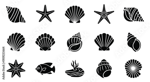 Seashells icon set with starfish and ocean creatures in black silhouette style featuring marine life, coastal elements, decorative symbols with vector graphics and simple design elements for