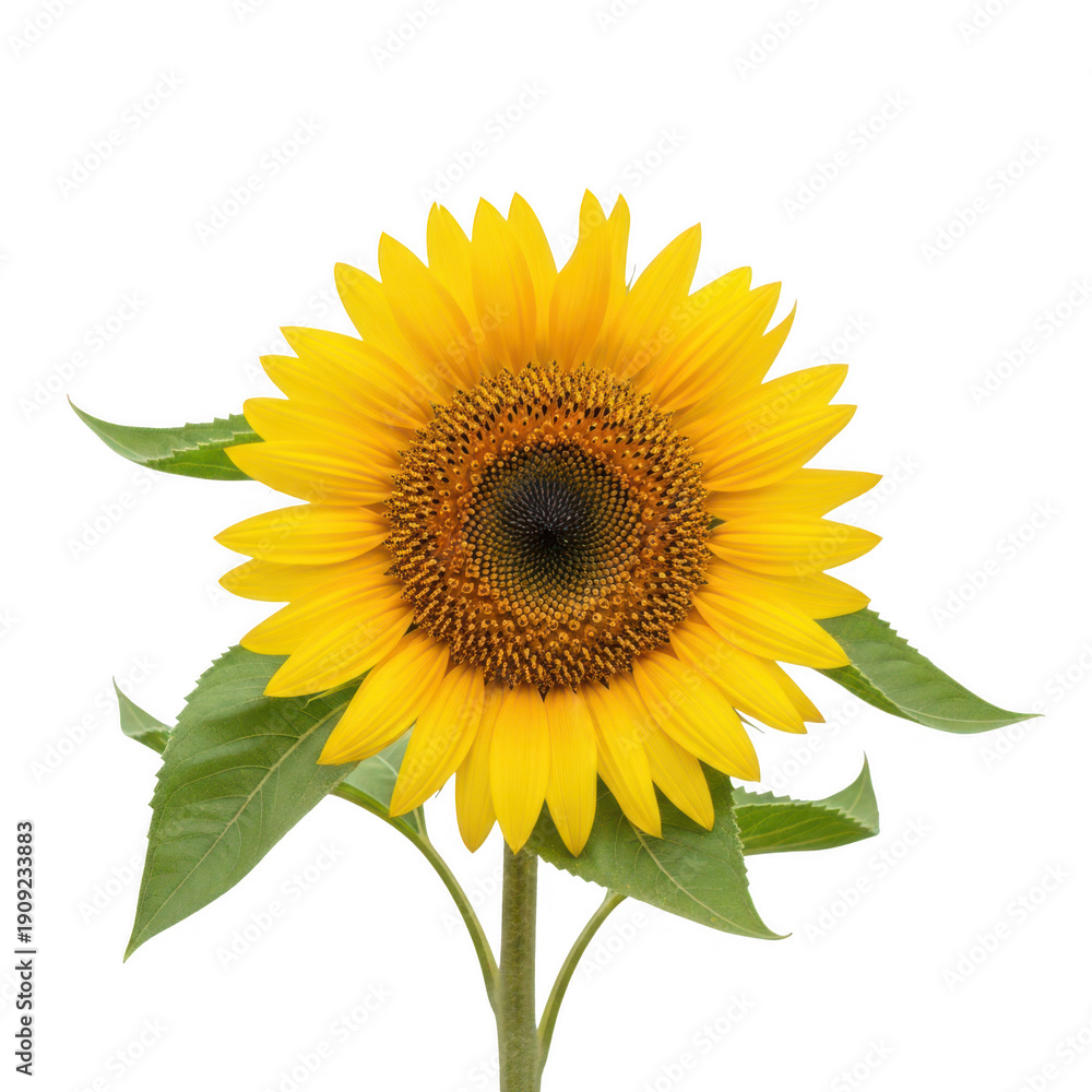 Fototapeta premium A bright yellow sunflower with green leaves against a white background.