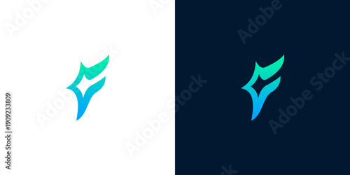 Elegant abstract stylized letter F logo design with a gradient of blue and green on a white and dark blue background