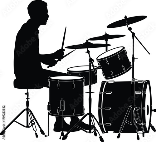 Silhouette illustration of drummer performing on full drum set with bass, snare, toms, hi-hat, and cymbals for music, rhythm, entertainment, and artistic design
