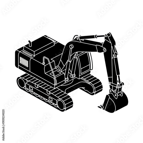 Black and white illustration of a construction excavator machine.