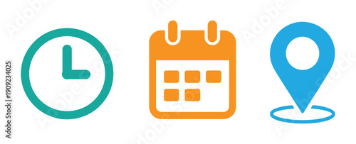 Calendar clock and location pin icons representing time date and place. date time location notification icon set. Address, time, calendar bell notification icons collection. 