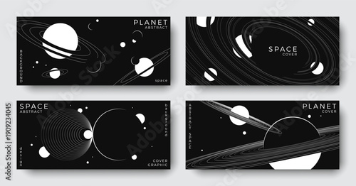Set of abstract space astronomy horizontal backgrounds. Linear simple planet, galaxy, black hole. Black and white science future concept. Minimal design for cover, poster, banner, flyer, brochure, ads
