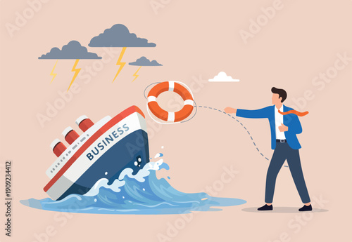  Rescue business from crisis, bankruptcy or misfortune, help, support or assistance, lifebuoy to secure in danger, survival or insurance concept, businessman help with lifebuoy falling ship crisis