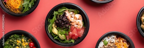 Panel kuchenny z motywem Colorful assorted healthy bowls with vegetables, shrimp, tuna, and grains on red background