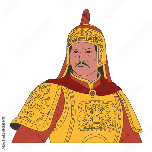 Ancient warrior in golden armor and red cape standing against a black background file 7