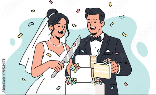 Happy newlywed couple cutting their white wedding cake together