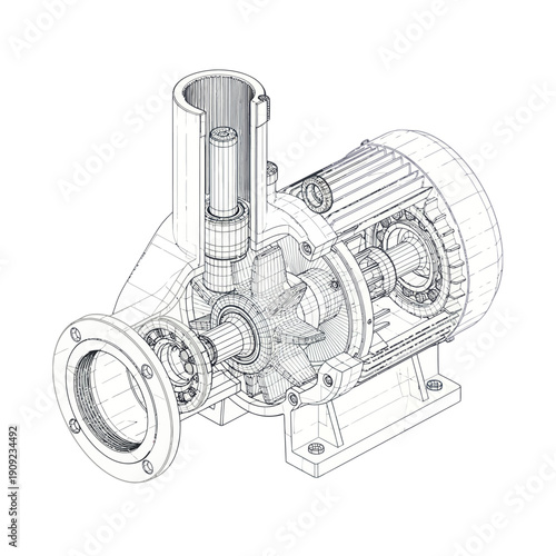 Detailed blueprint of an industrial electric motor pump assembly.